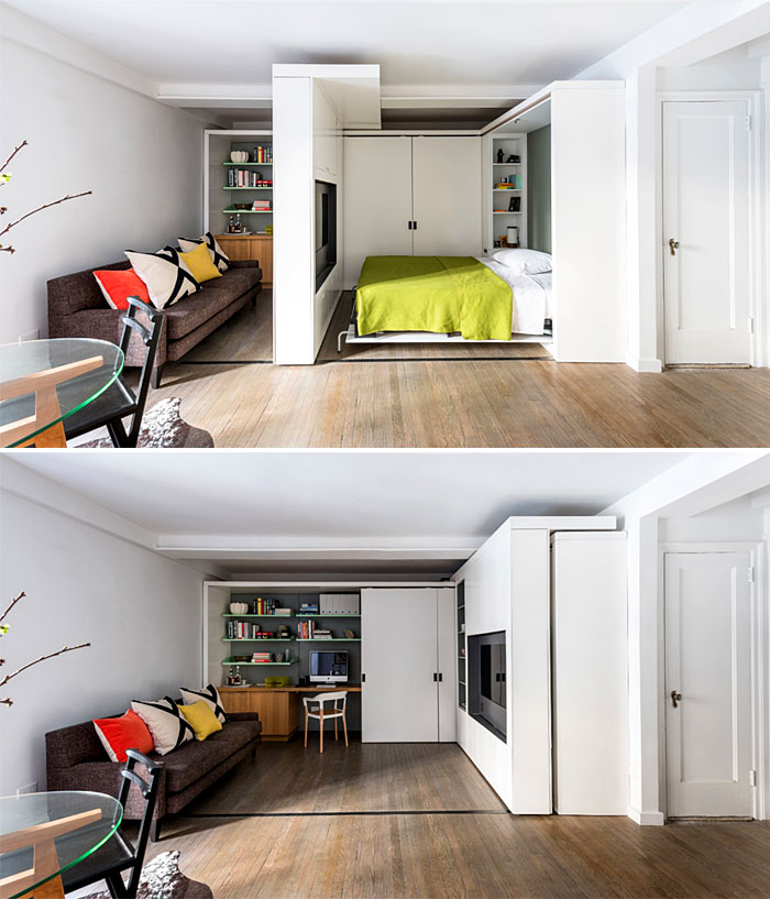 movable wall with folding wall bed for tiny apartments