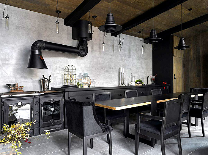 Burnt Wood and Industrial Black Metal Over Cabinet Door Kitchen